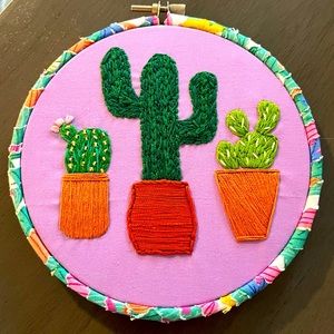 6” Potted Cacti Finished Embroidery project with hoop binding, Handcrafted by me